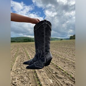 ZARA RHINESTONE DENIM COWBOY BOOTS